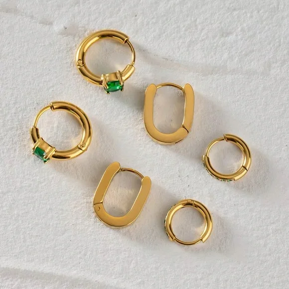 3 Pairs | 18K Gold Plated Green Hoop Earrings Set - Picture 4 of 7